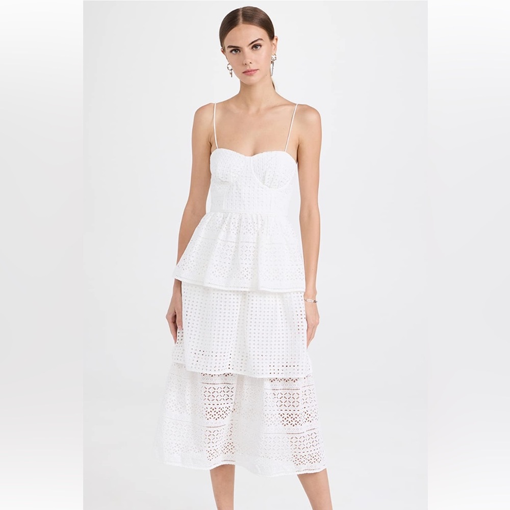 Self Portrait White Cotton Broderie Anglaise Midi Dress